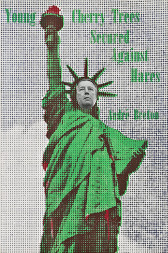 A halftone image of the Statue of Liberty printed in bright green and red ink. A cut-out of a black and white photograph of an older man's face has been pasted over the statue's face. The words 