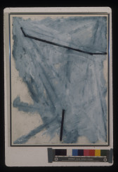 A color installation photograph of a black, grey, and white abstract painting on a white wall.