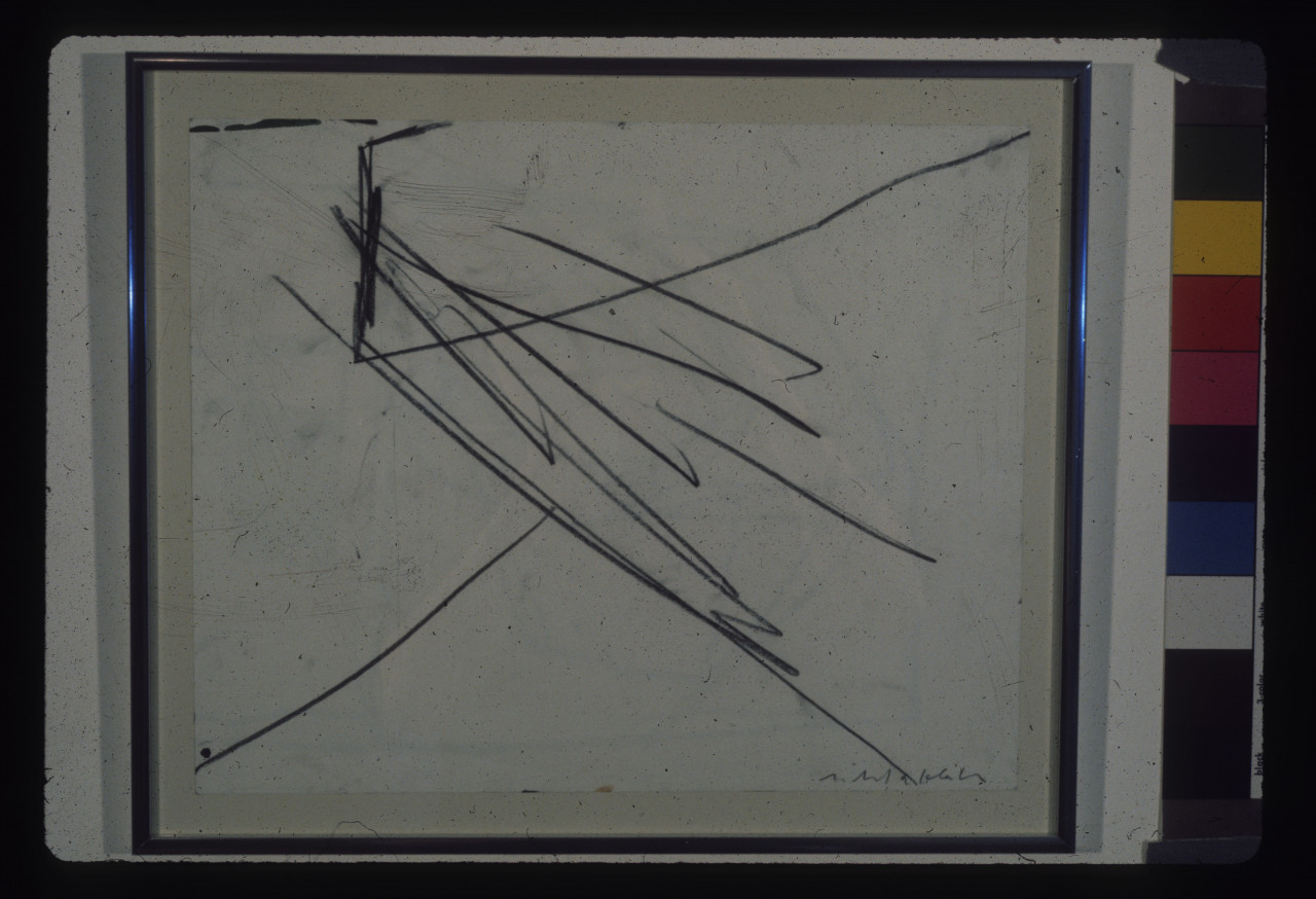 A color installation photograph of a white abstract painting with black lines on a white wall.