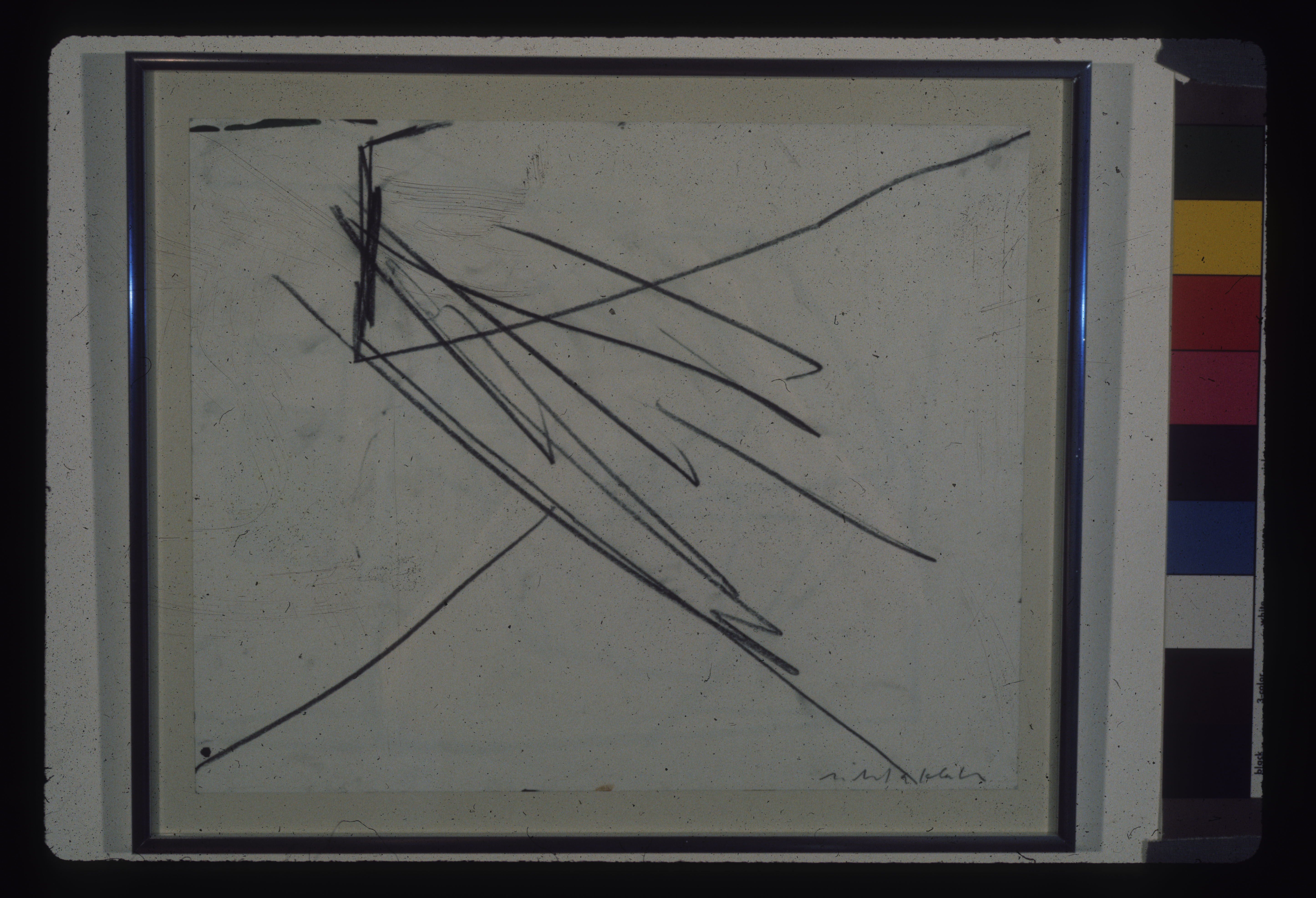 A color installation photograph of a white abstract painting with black lines on a white wall.