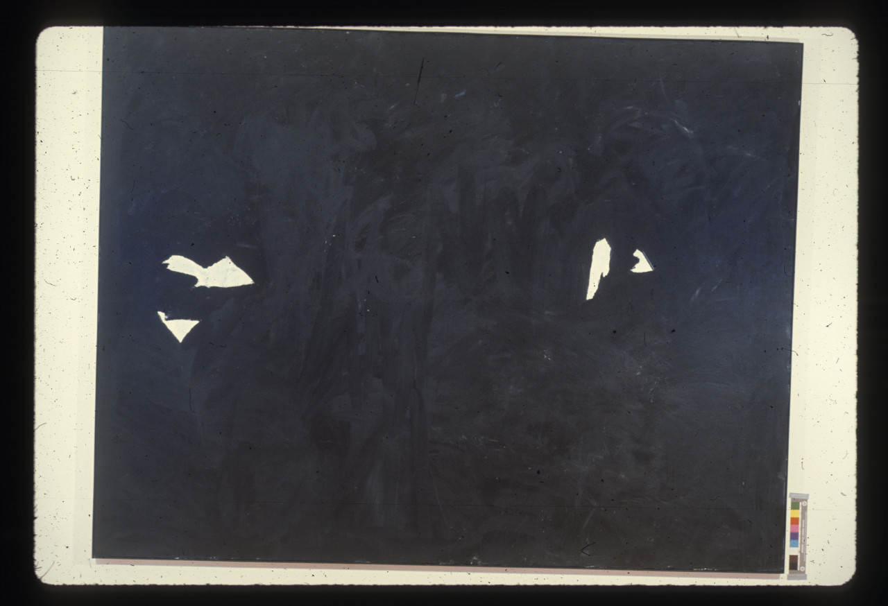 A color installation photograph of a black and white abstract painting on a white background.