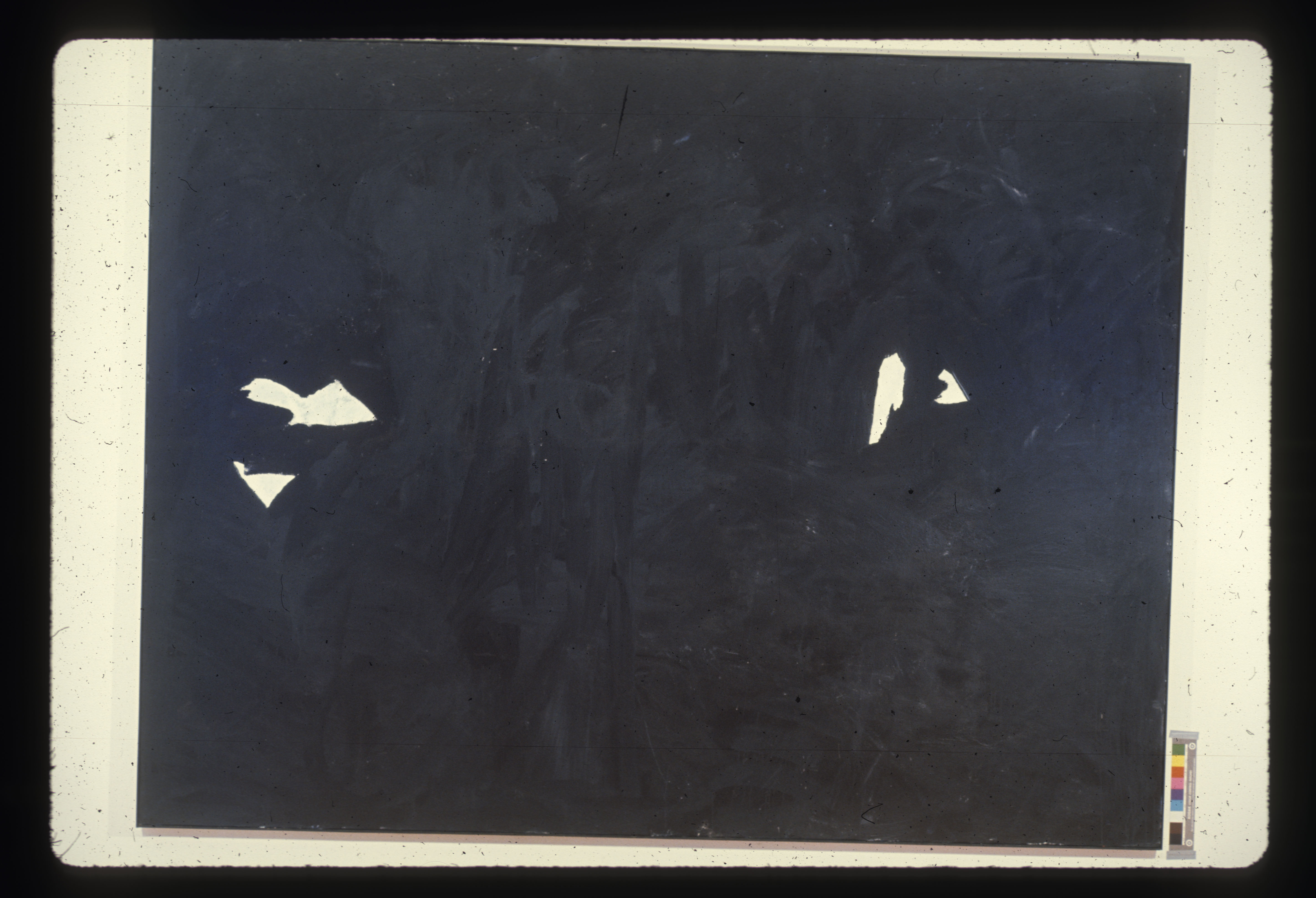 A color installation photograph of a black and white abstract painting on a white background.