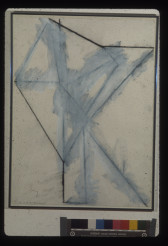 A color installation photograph of a black, grey, and white abstract painting on a white wall.