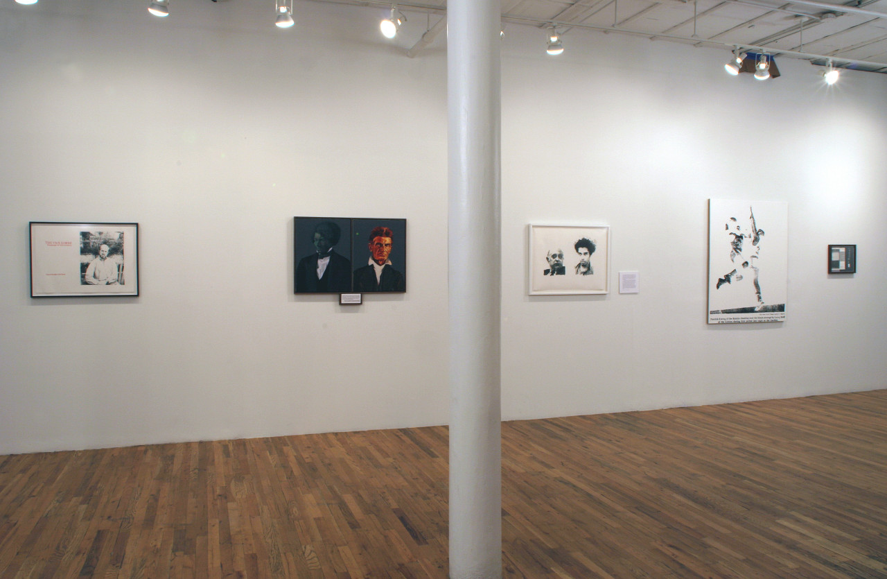A set of five paintings, prints, and other works on paper hang in a horizontal line across a white gallery wall. The compositions each depict one or more figures. Some sit, as if for a portrait, while others appear to play basketball. One of the gallery columns is situated in the image