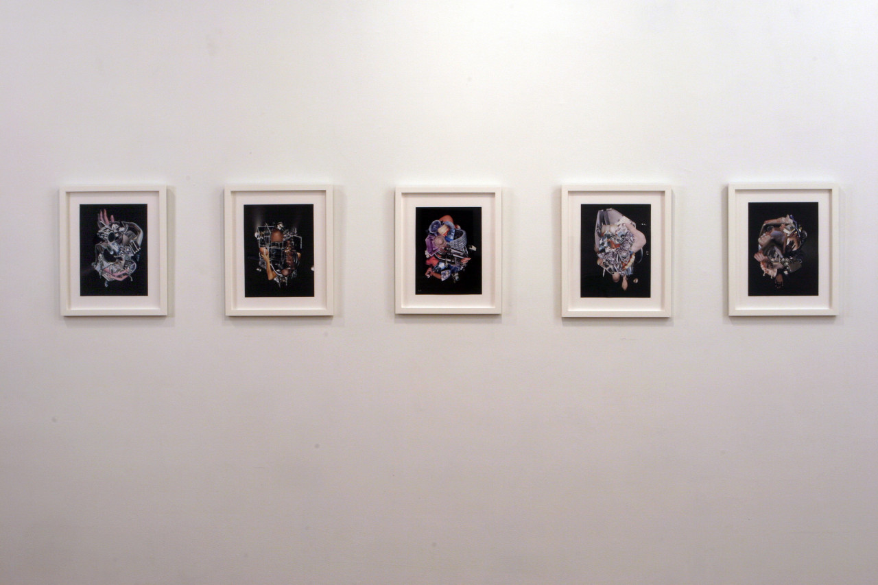 Five photographic collages installed in white frames arranged in a horizontal row along a blank wall.