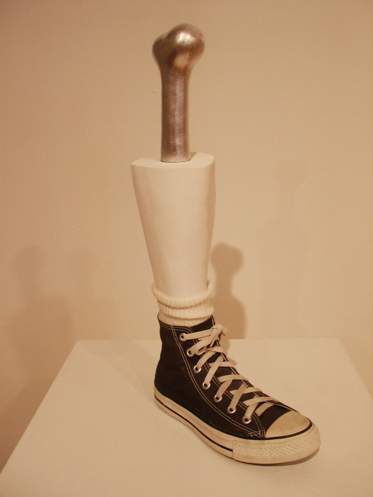 A black converse shoe with a white sock. Extending out of the shoe is a white plastic false shin with a metal bone coming out of the top.
