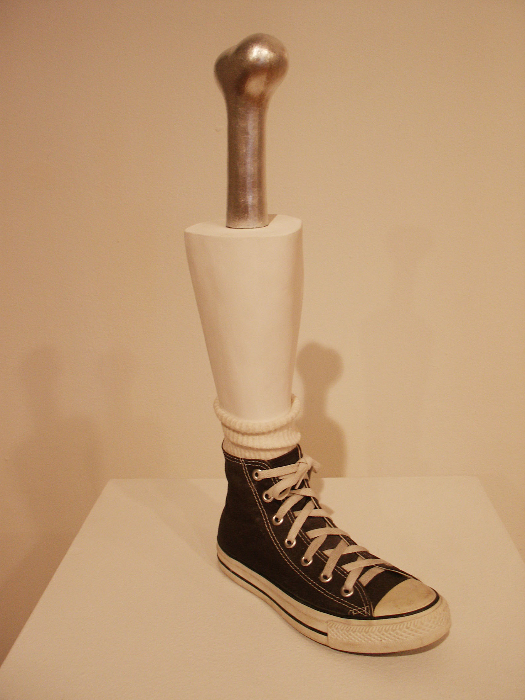 A black converse shoe with a white sock. Extending out of the shoe is a white plastic false shin with a metal bone coming out of the top.