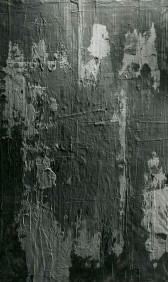 A black and white photograph of a textured wall with white and grey splotches.