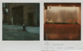 A dyptich of color photographs. The one on the left shows an empty alleyway. The one on the right shows six chairs in front of a blue curtain.