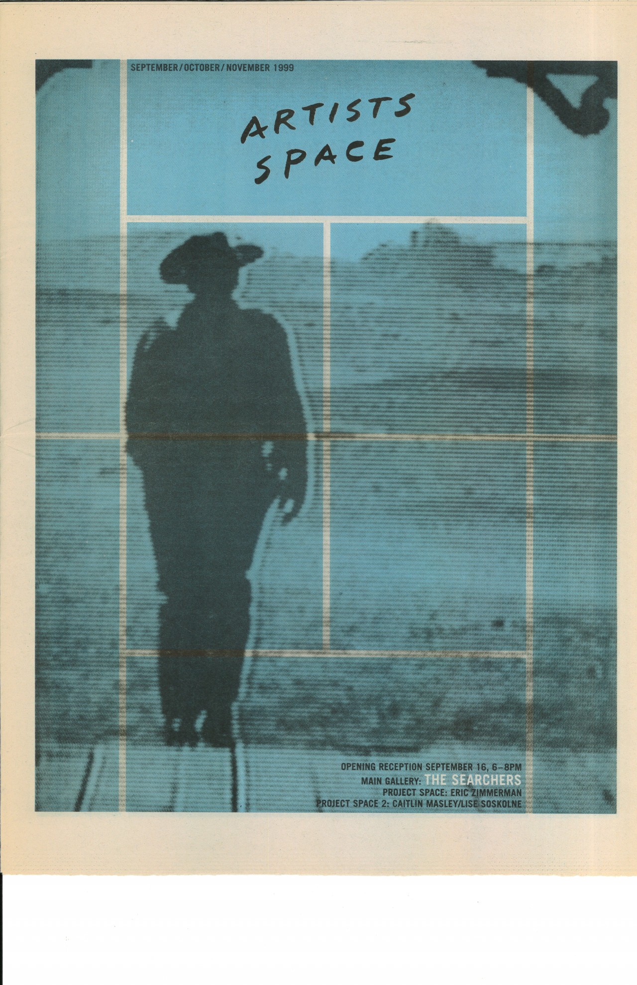 A posterr with the silhouette of a man in the middle, dressed like a cowboy. Before him appear blue scan-lines, as if on a television set, which are boxed off into several rectangles.