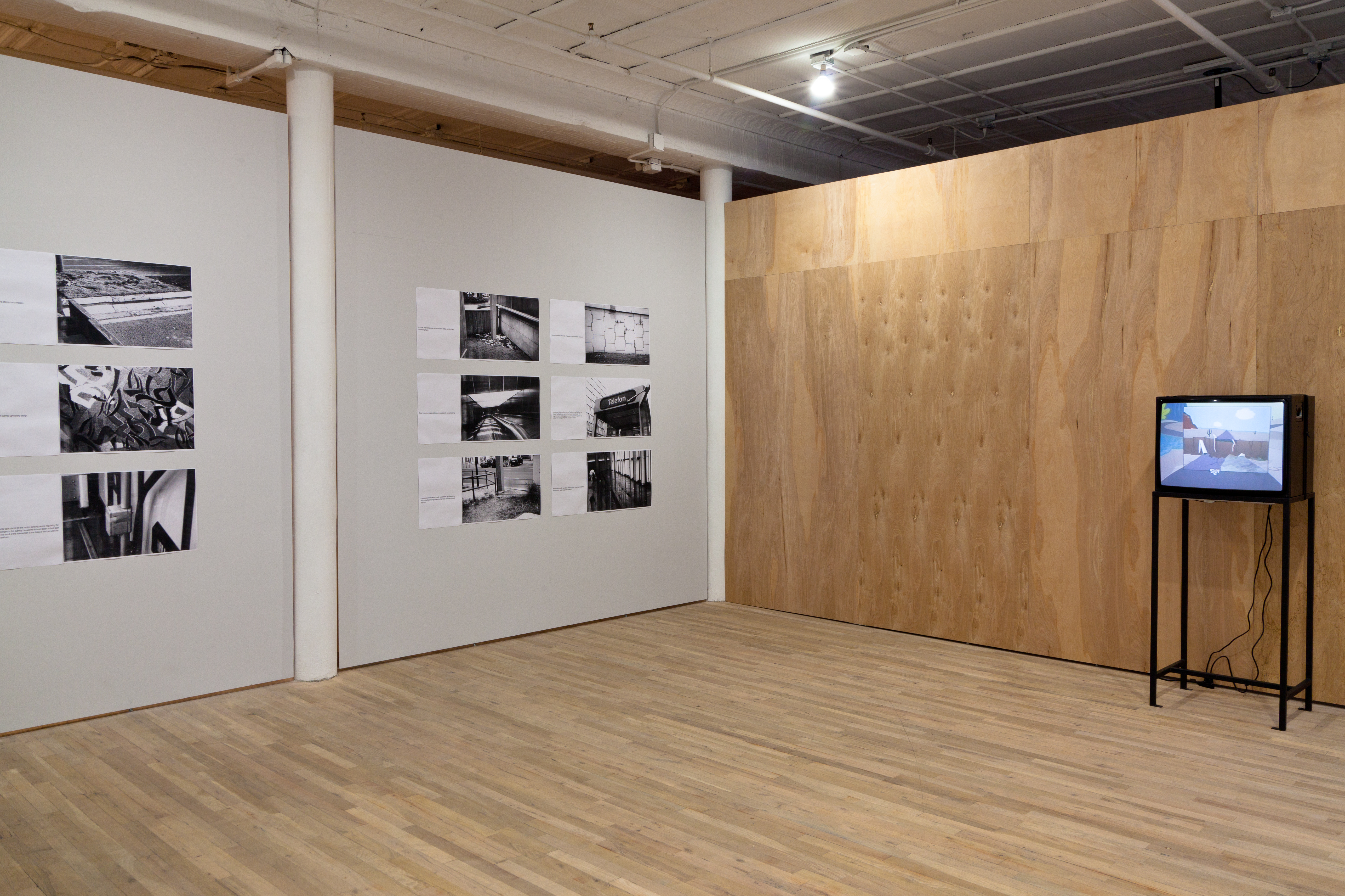 An installation shot of two gallery walls, one white and one unpainted wood, meeting in a corner. The white wall displays nine images with accompanying text. The wood wall has an old television on a metal stand, showing a cartoon image.