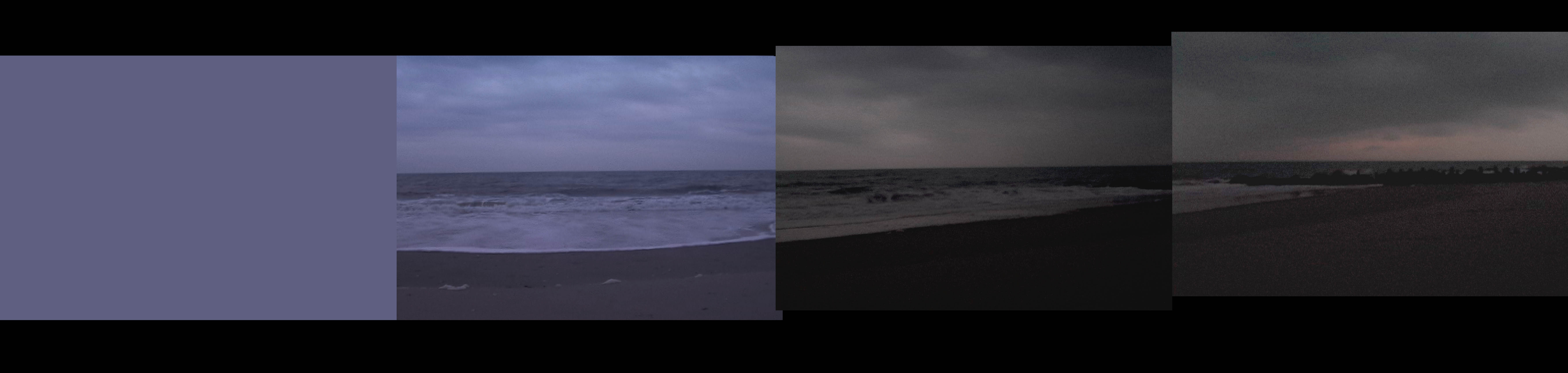 Four images arranged horizontally. From left to right: solid gray-blue, a gray-blue toned image of a shoreline, a gray toned image of a shoreline, and a gray toned image of a shoreline with a subtle pink sunrise in the sky.