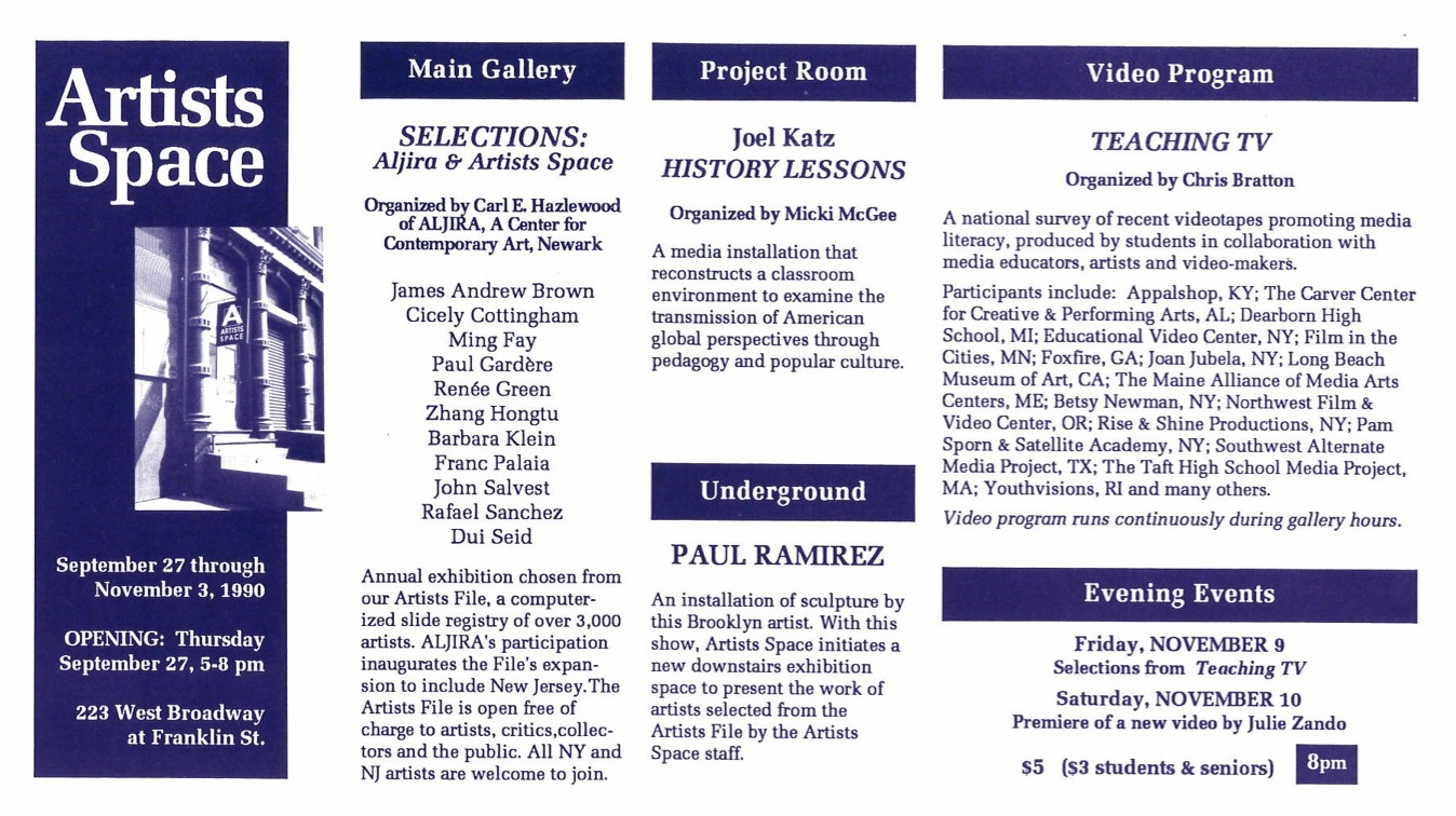 A white postcard with purple text announcing fall 1990 exhibitions at Artists Space, including <i>Selections: Aljira & Artists Space</i>.