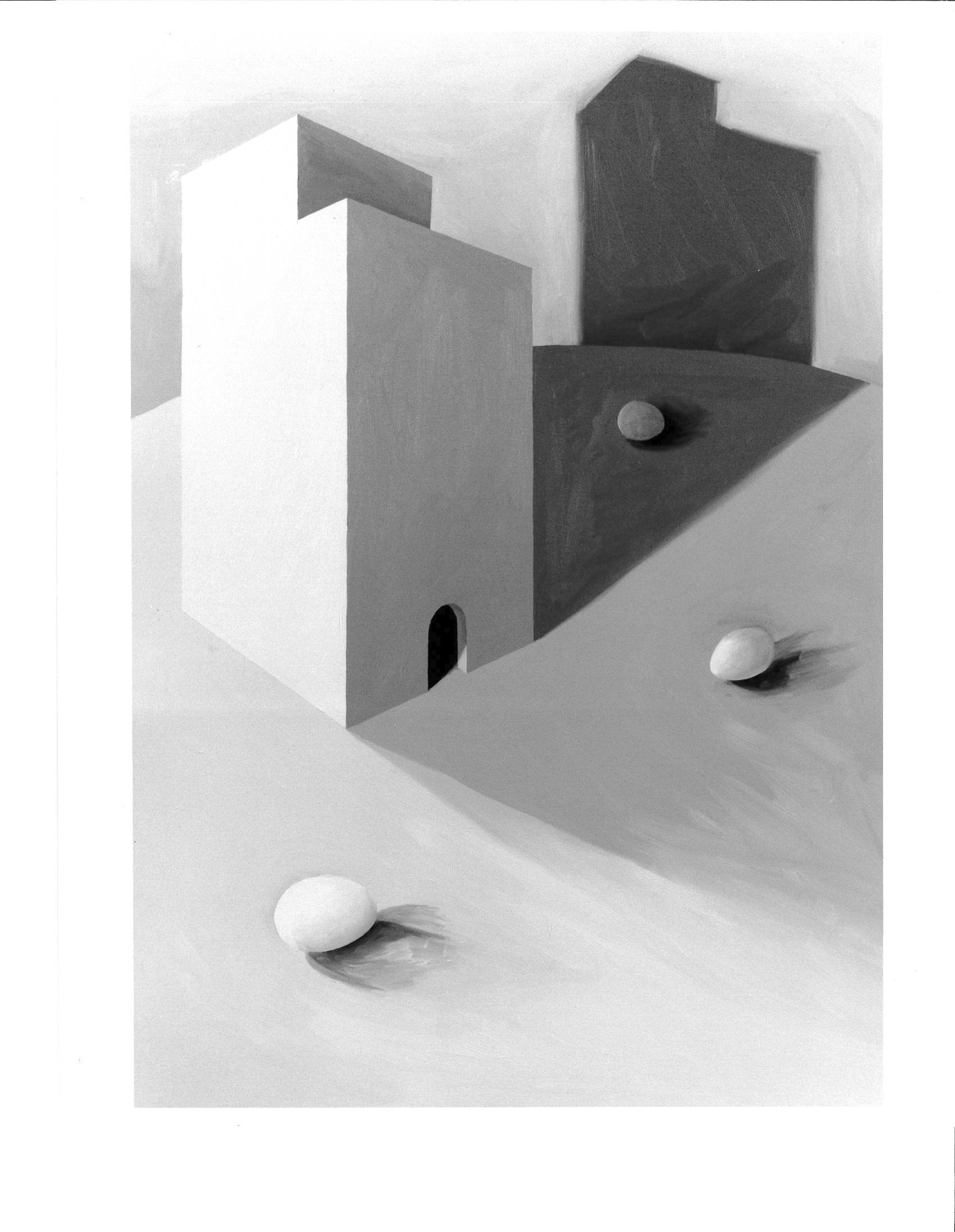House-like form with three egg-shaped objects surrounding it with some shadowing visible.