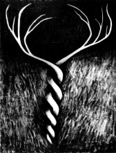 Dark drawing with branch-like figures appear from a twirling white line surrounded by black, fuzzy lines.