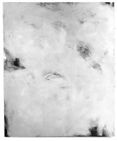 Abstract white paintings with black smudges dispersed throughout.