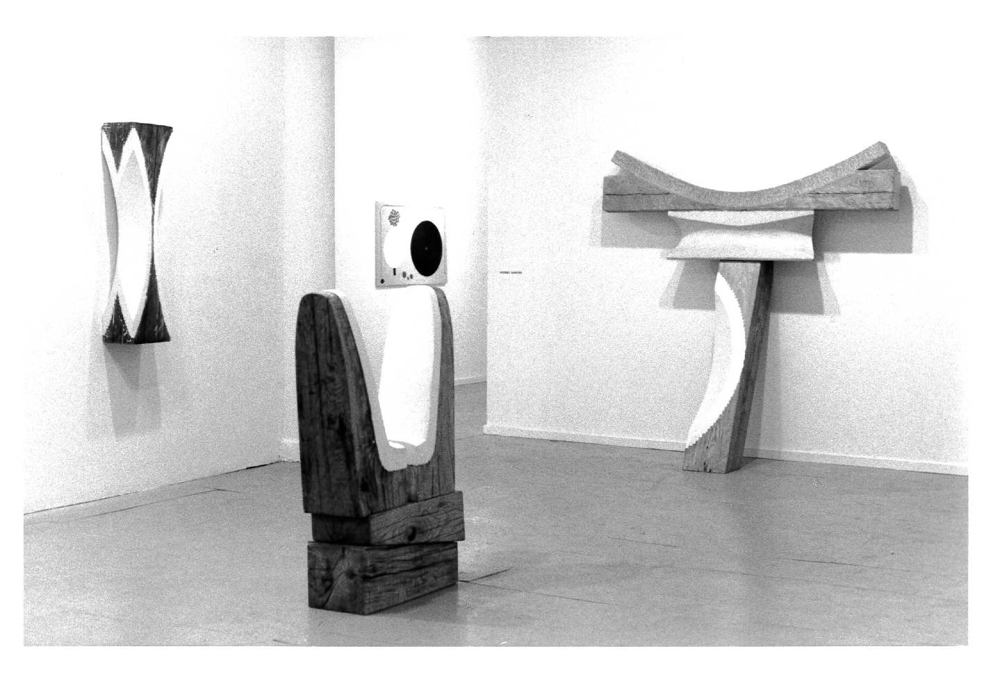 A number of wooden sculptures appear in various shapes in a white-walled gallery space.