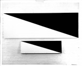 A photograph of one large painting divided evenly diagonally across in black and white above a smller painting that does the same.