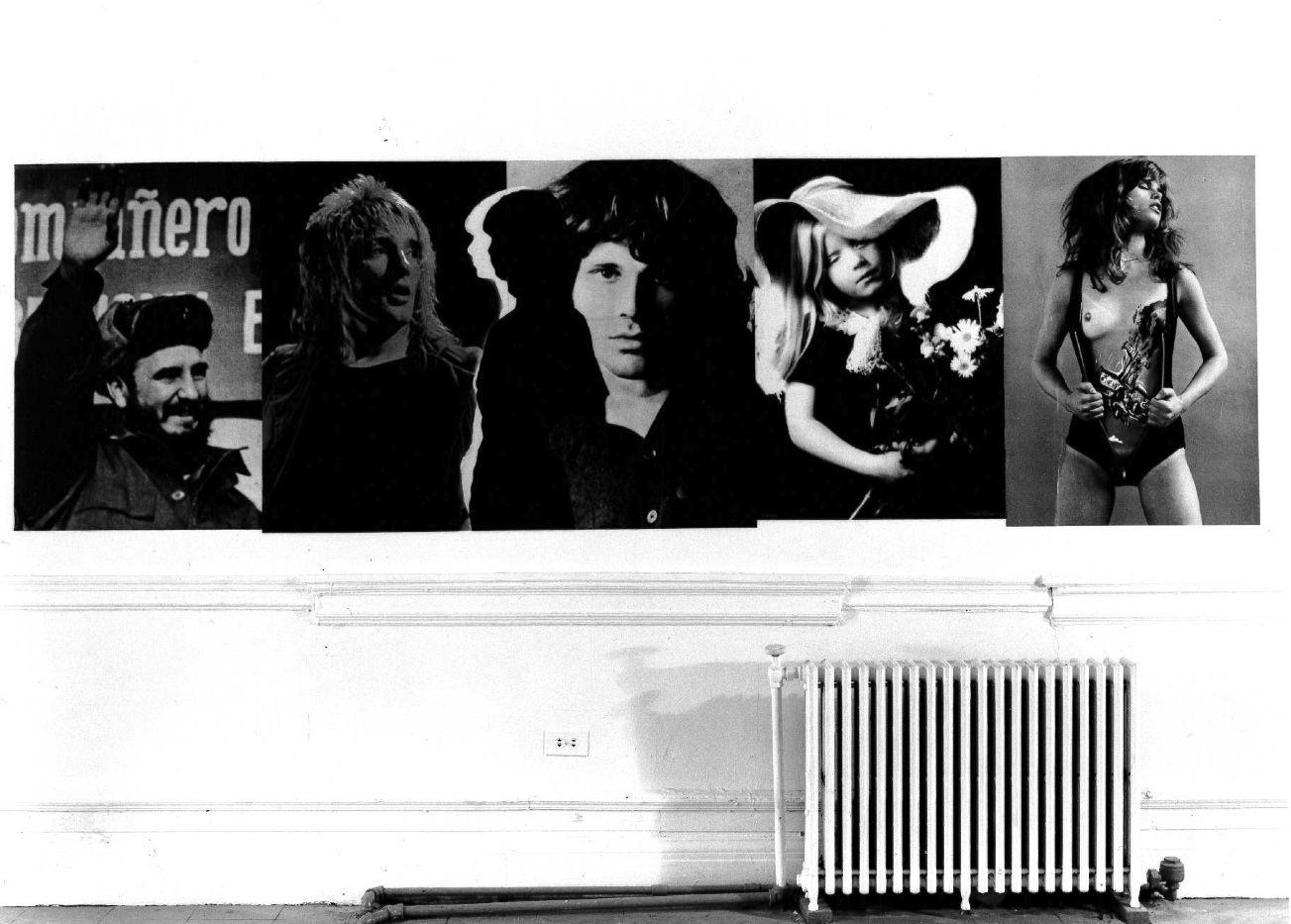 Photographs of various figures are hung next to one another in a gallery setting.