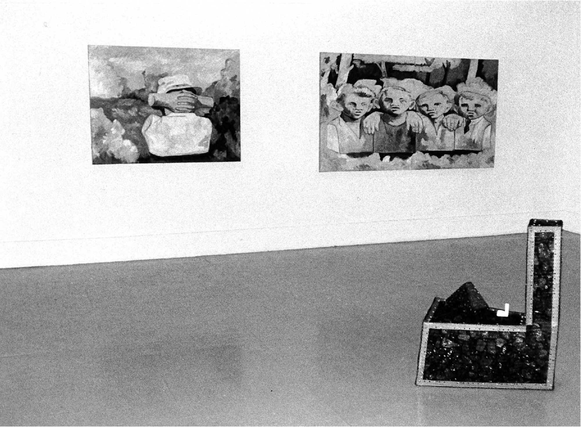 A sculpture sits to the right in front of two paintings in a gallery space.