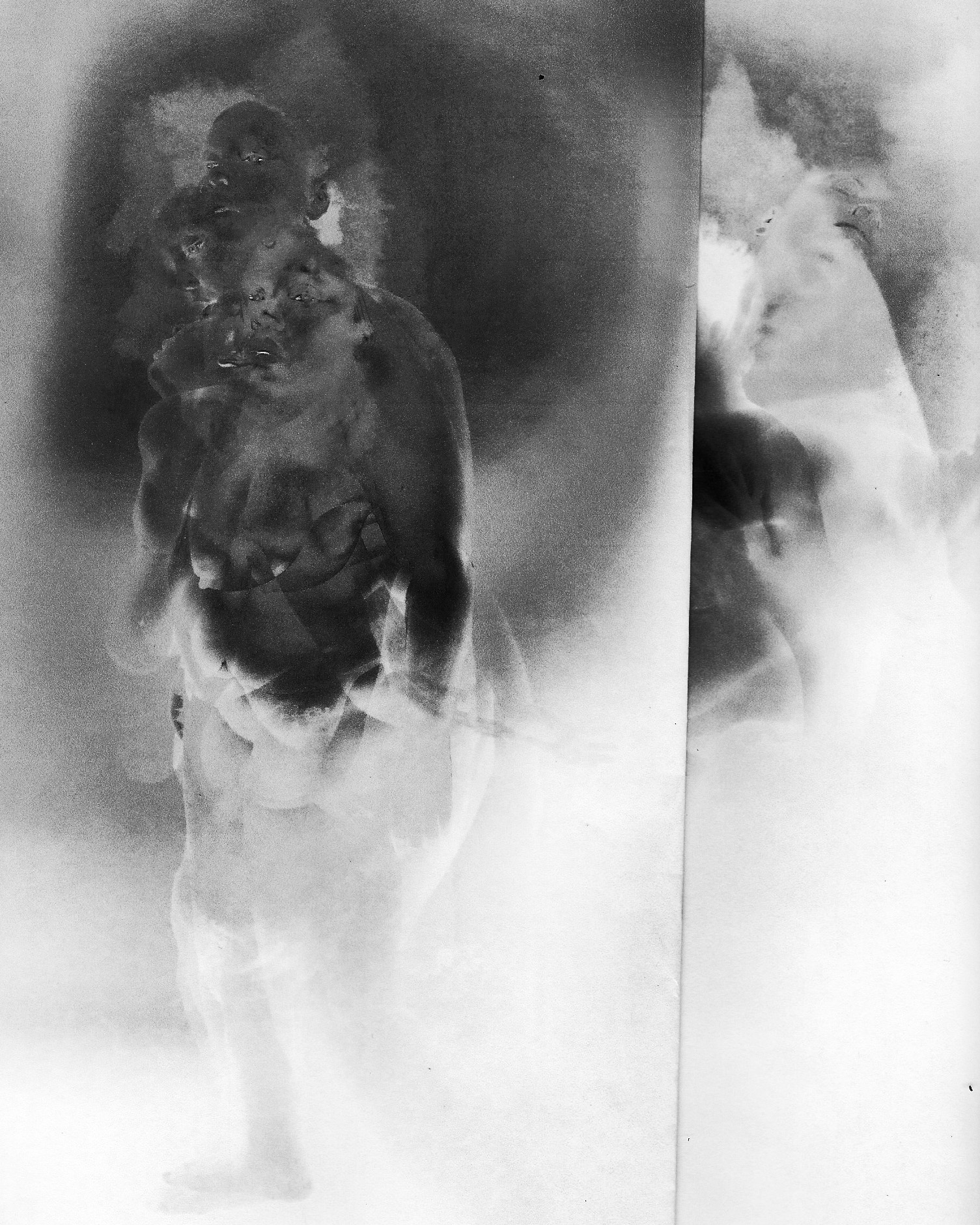 A black-and-white film still depicting a nude figure, her body is turned two-thirds of the way. Several smoky duplicates of the figure's body and face are superimposed over the original image. A cloudy and blooming, nondescript atmosphere serves as the background.