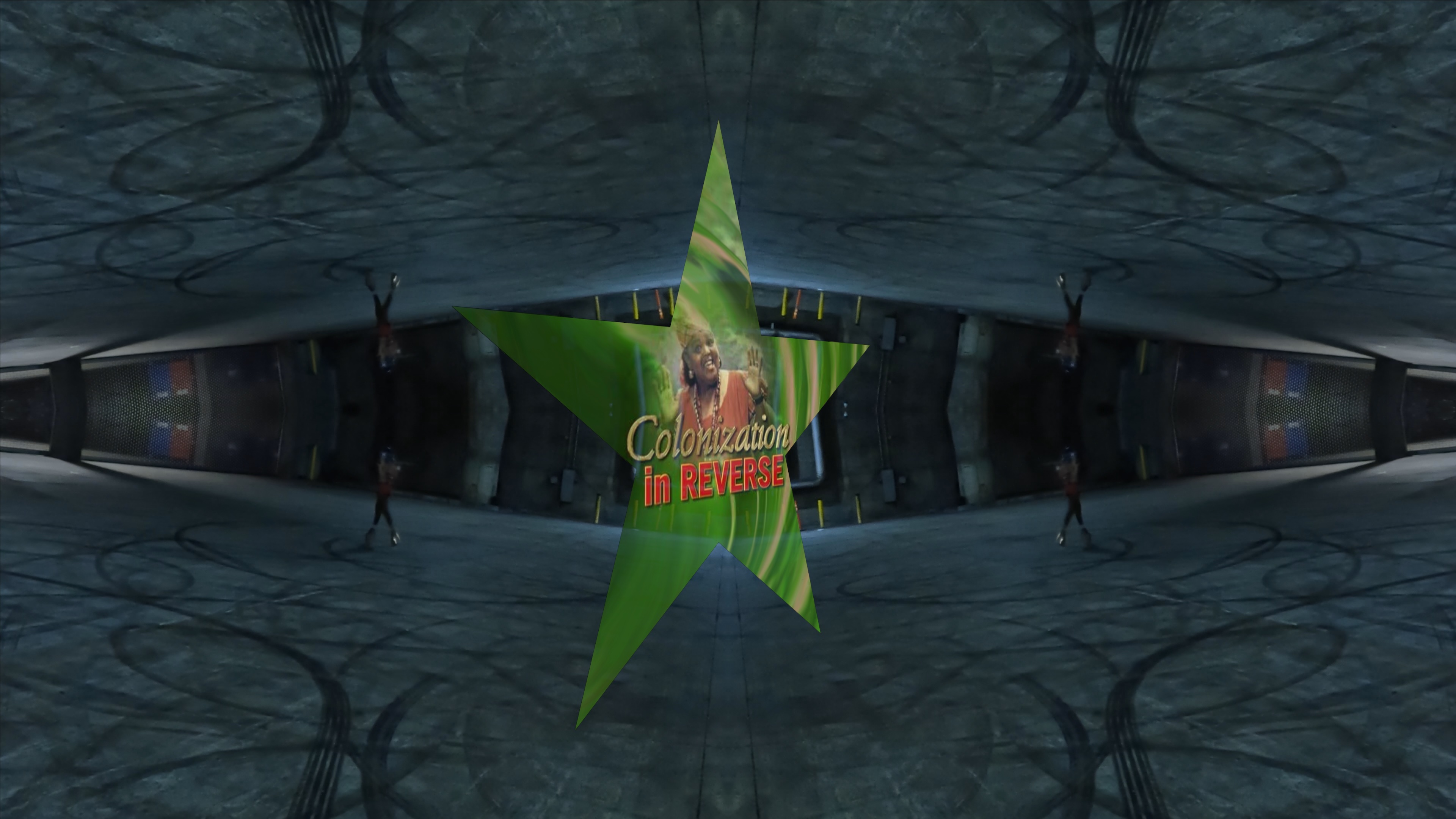 A green star featuring the image of a figure with their hands up and the text 