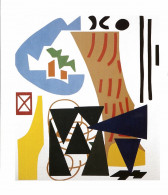 A geometric composition of black, blue, yellow, red, and orange flat shapes on a white background.