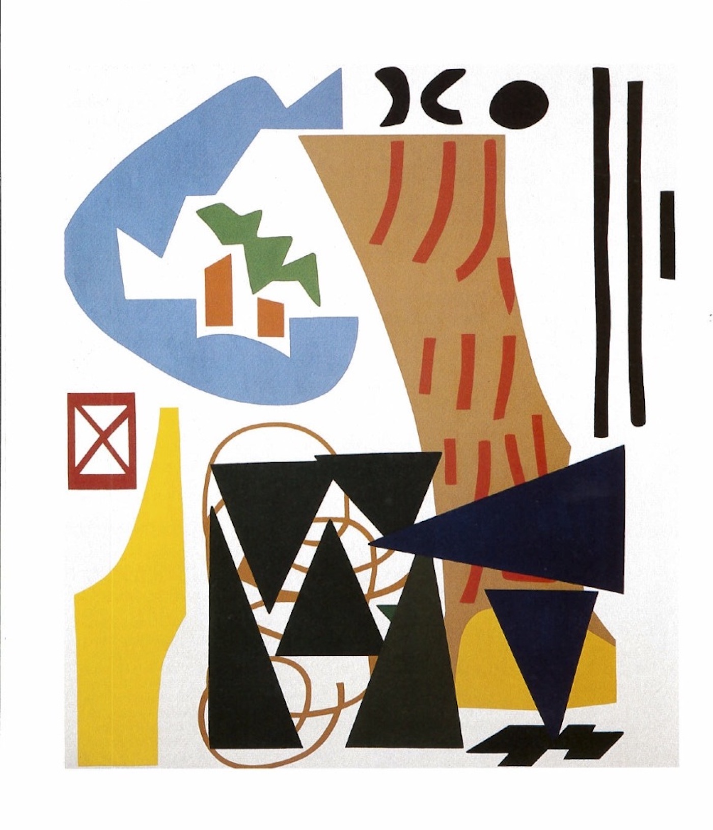 A geometric composition of black, blue, yellow, red, and orange flat shapes on a white background.