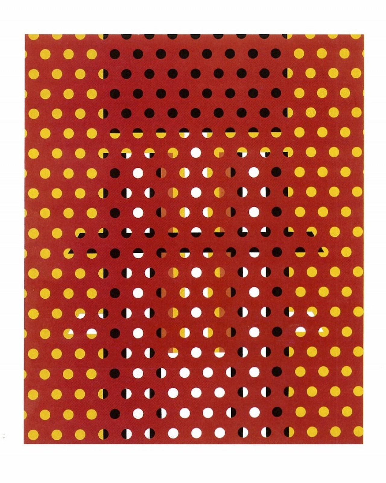 A red grid of punched-out circles overlays a background of yellow, orange, white, and black rectangles.