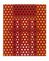 A red grid of punched-out circles overlays a background of yellow, orange, white, and black rectangles.