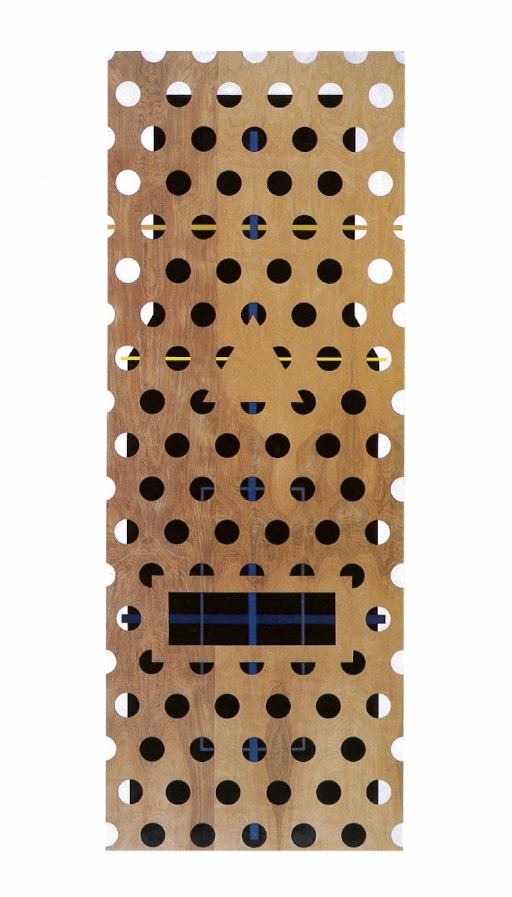 A plywood board with rows of circular holes cut out of it overlays a black rectangle with blue and yellow lines on it.