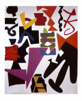 A geometric composition of red, purple, black, yellow, blue, and green flat shapes on a white background.