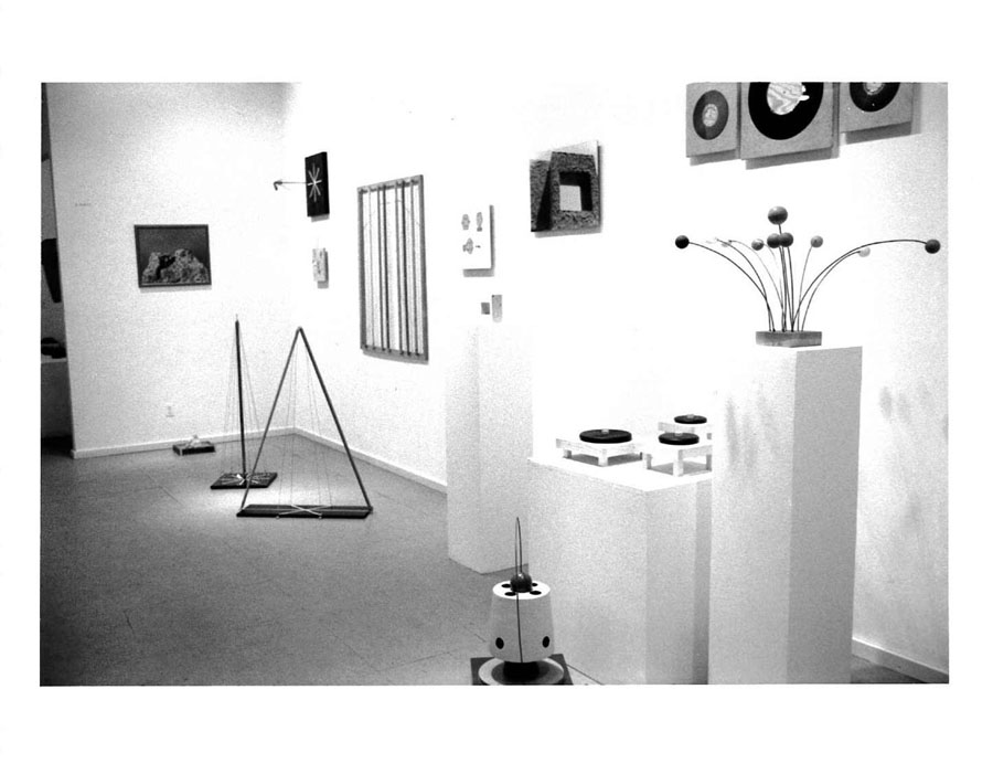 A number of flat-paneled works appear hanging on the gallery wall while various sculptural forms are on pedestals or on the floor in front of them.