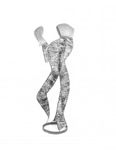 A flowing figure with a circle underneath and small shapes covering head and hand with a white background.