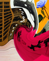 A composited image of a gallery scene, building from a street view, hand gun, and a blue rose against a yellow back ground, distorted through buldges and pulls.