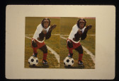 Split-screen image of a monkey dressed in sports gear with a soccer ball on a field hung on a white gallery wall. Both images in photograph appear identical.