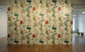 A smooth, white branch extends up from the floor vertically. Behind it is a wall, papered with a pattern of tropical birds in trees on a white background.