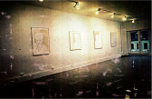 A dim photograph of mulitple artworks hanging on a white wall in the exhibition space.