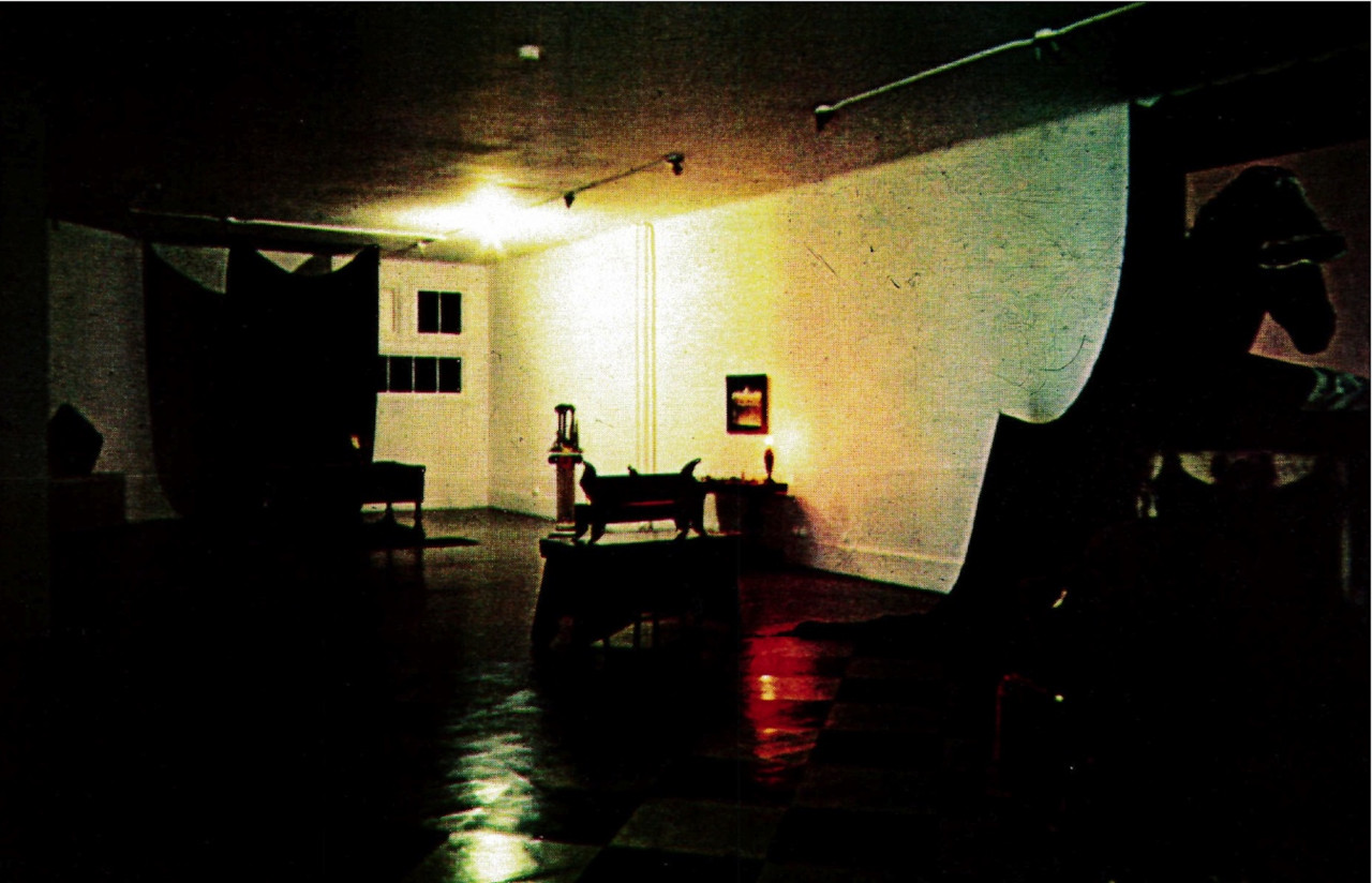 A dim photograph of mulitple sculptures placed in the exhibtion space. A couple of black curtains are hung in the gallery.