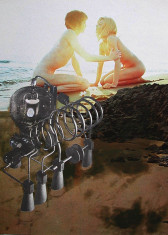 Collaged image of two naked figures crouching on the shore of a beach as the sun sets. One reaches out to grasp the other’s arm as they stare into each other’s eyes.  Below them is a collaged image of a metal, machine-like contraption with looping wires sitting on the ground next to a craggy rock.