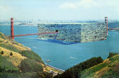 Collaged image featuring a vintage color photograph of the Golden Gate Bridge. A gigantic box whose sides are covered with images of forest treetops covers the center portion of the bridge. The bridge appears to pass through the box through a hole in its left side, out of which water pours into the Bay below. Verdant, rolling hills are visible in the image's foreground.