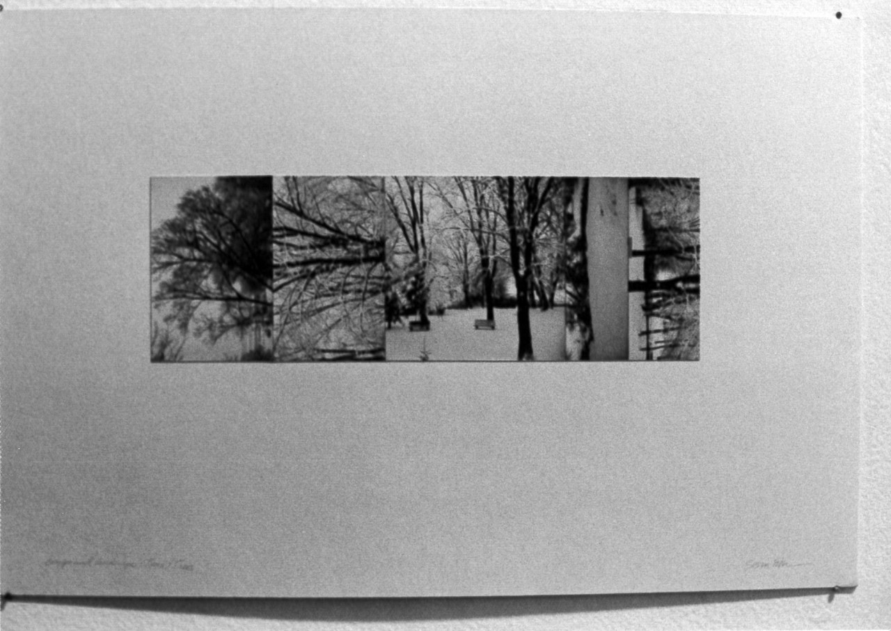 A black and white installation view of a rectangular photographic work with wide white matting.