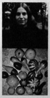 A photograph of a figure with long hair, placed aboce a photograph of several squash.