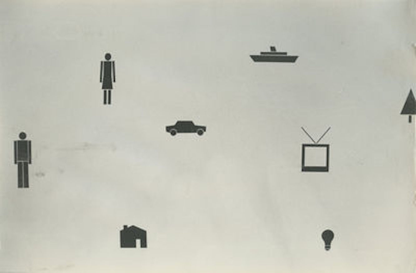 A black and white photograph of black silhouettes on a white wall, including human figures, a car, a house, and a television set.