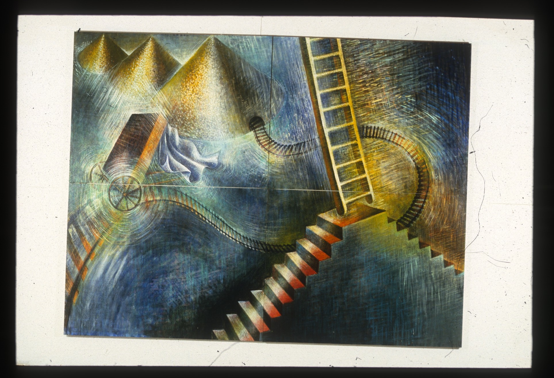 A slide of a painting of a pyramid of stairs with a ladder extending upwards, connected to several gold mountains by a railroad track.