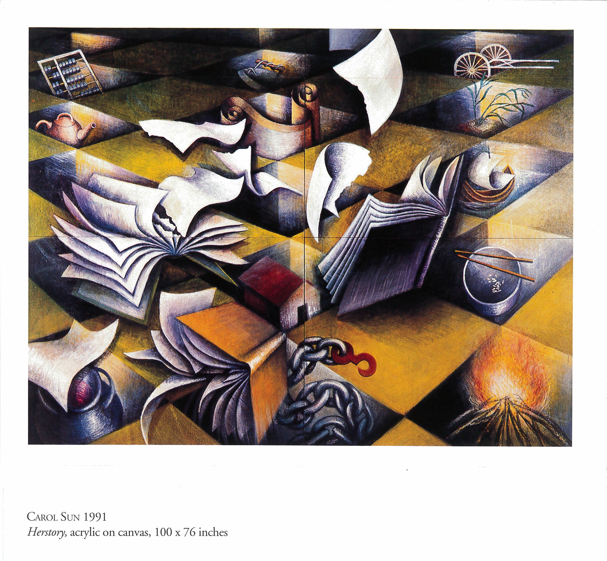 A postcard showing an image of sheets of paper, books, chains, a teapot, and other assorted objects on a checkerboard.