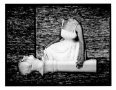 A headless woman in a white dress slumps next to a bust of a man's head lying on the floor. A fuzzy television screen background appears the figure.