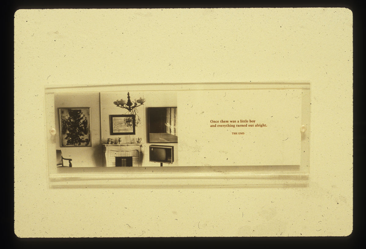 A yellowish image of a fireplace with paintings, a mirror and a TV monitor next to a line of text that reads: "Once there was a little boy and everything turned out alright. The End."