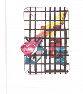 A colored pencil rendering of a prison cell is contained inside a rectangular box with rounded edges, floating on a white lined sheet of paper. A pink heart in motion extends beyond the confines of the cell and onto lined paper.