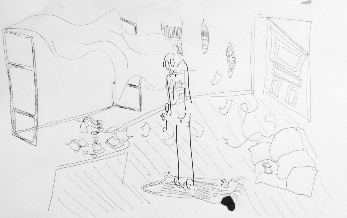 A black and white line illustration of a person shaking in the middle of room. The open windows depict a wind blowing papers into the space.